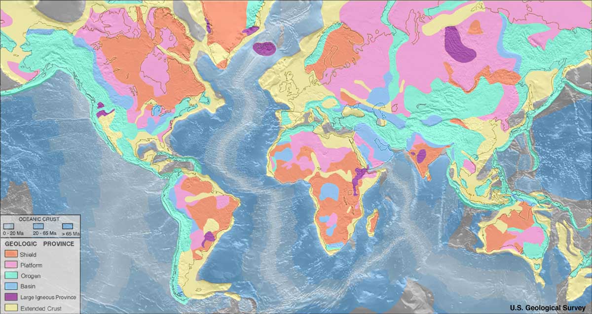 Mapa geologických provincií (USGS, volné dílo, via WikimediaCommons)